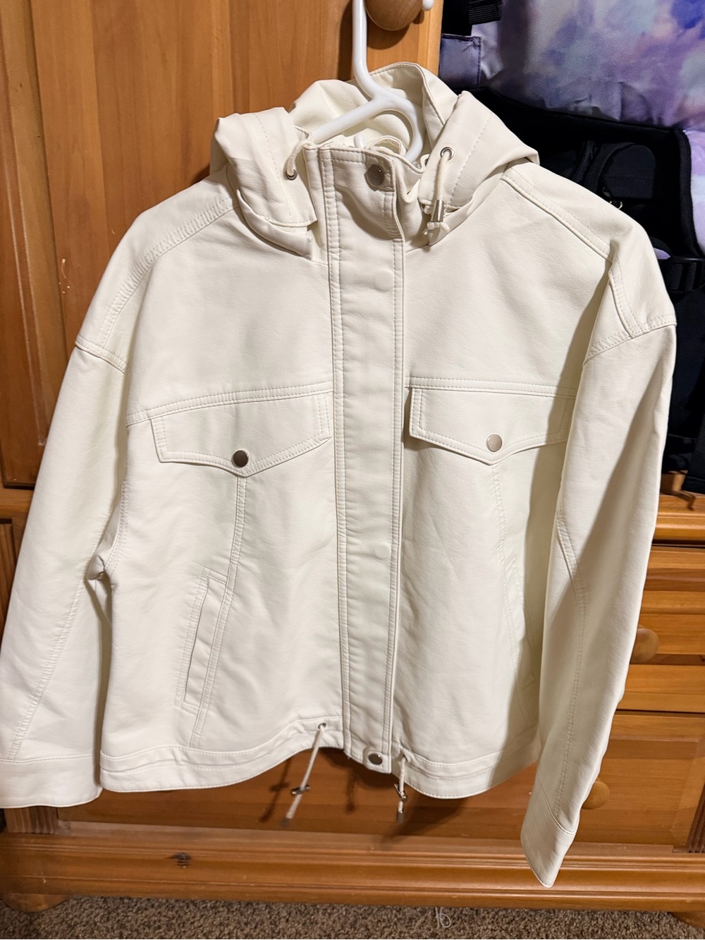 Women's Cream Hooded Leather Jacket - Classic Casual Style